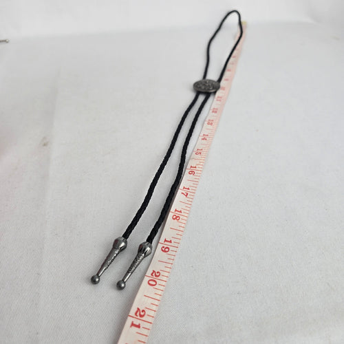 Vintage Black Braided Leather Western Bolo Tie Antique Silver Floral Concho