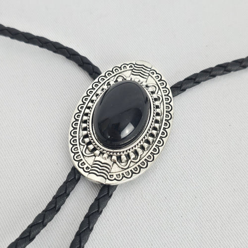 Black Oval Stone Western Bolo Tie – Antique Silver-Tone Concho