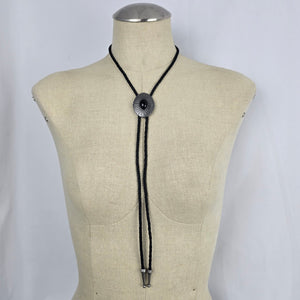 Black Stone Sunburst Western Bolo Tie – Antique Silver-Tone