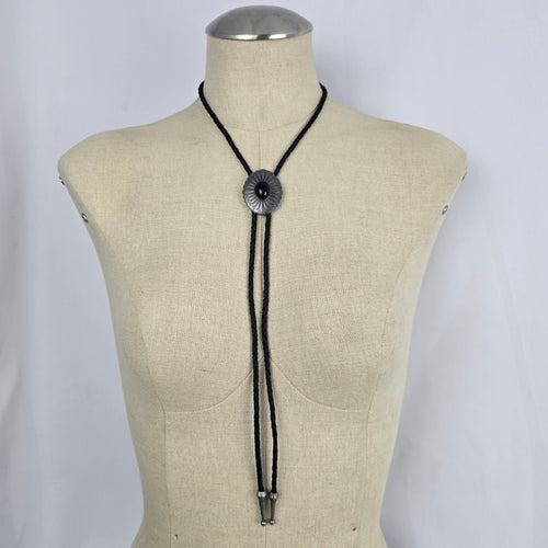 Black Stone Sunburst Western Bolo Tie – Antique Silver-Tone