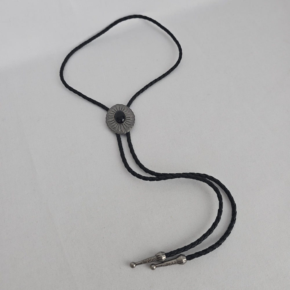 Black Stone Sunburst Western Bolo Tie – Antique Silver-Tone