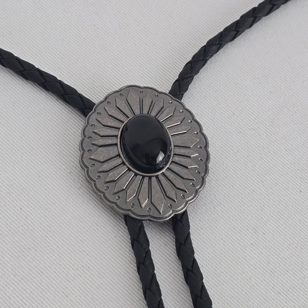 Black Stone Sunburst Western Bolo Tie – Antique Silver-Tone