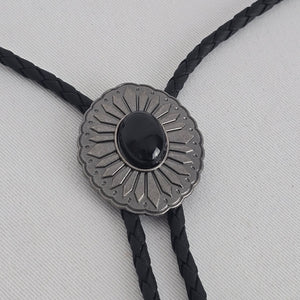 Black Stone Sunburst Western Bolo Tie – Antique Silver-Tone
