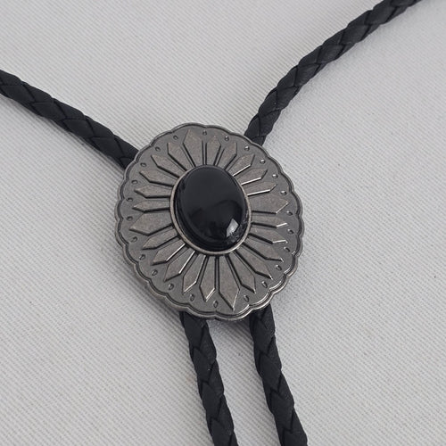 Black Stone Sunburst Western Bolo Tie – Antique Silver-Tone