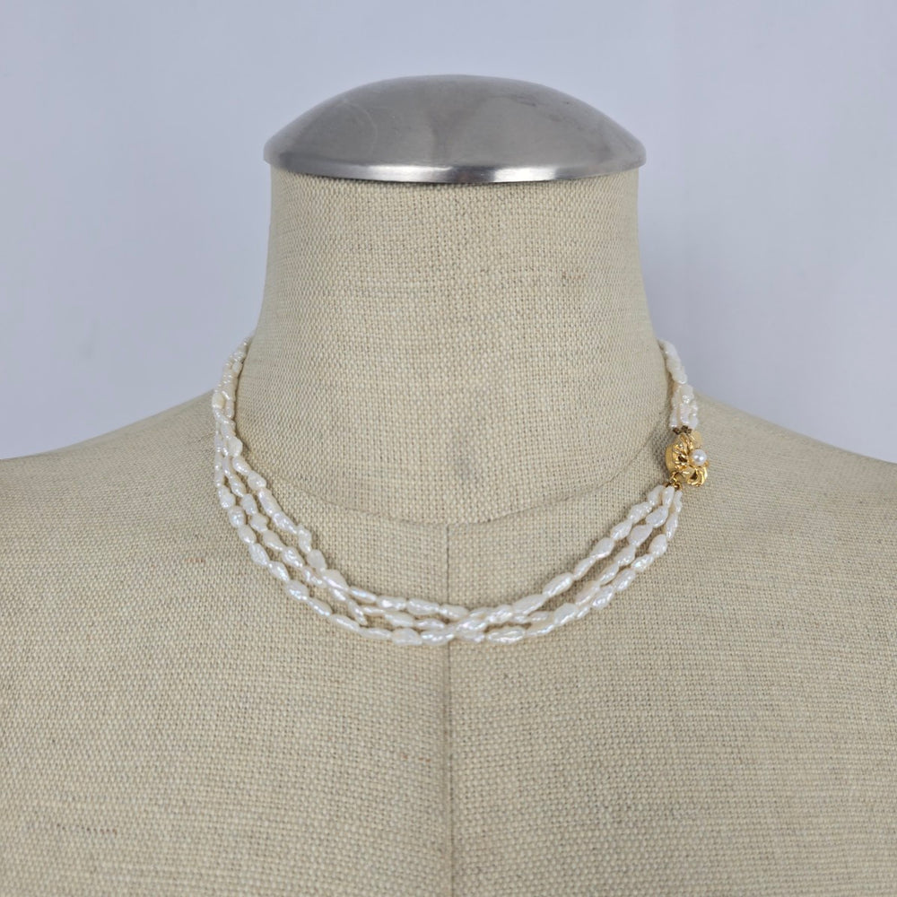 Vintage Triple Strand White Baroque Pearl Necklace – Gold-Tone Floral Clasp