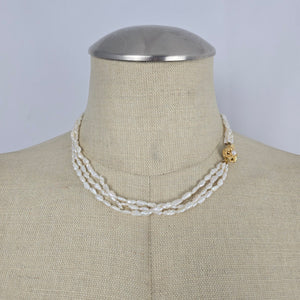 Vintage Triple Strand White Baroque Pearl Necklace – Gold-Tone Floral Clasp