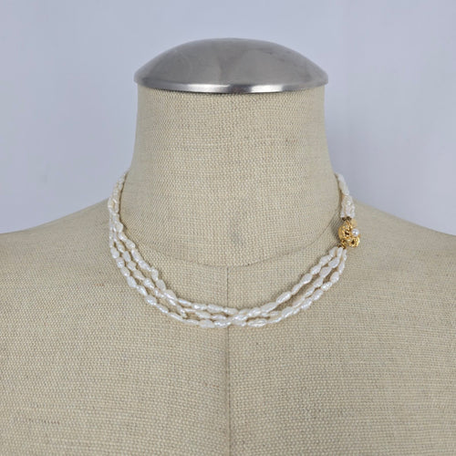 Vintage Triple Strand White Baroque Pearl Necklace – Gold-Tone Floral Clasp