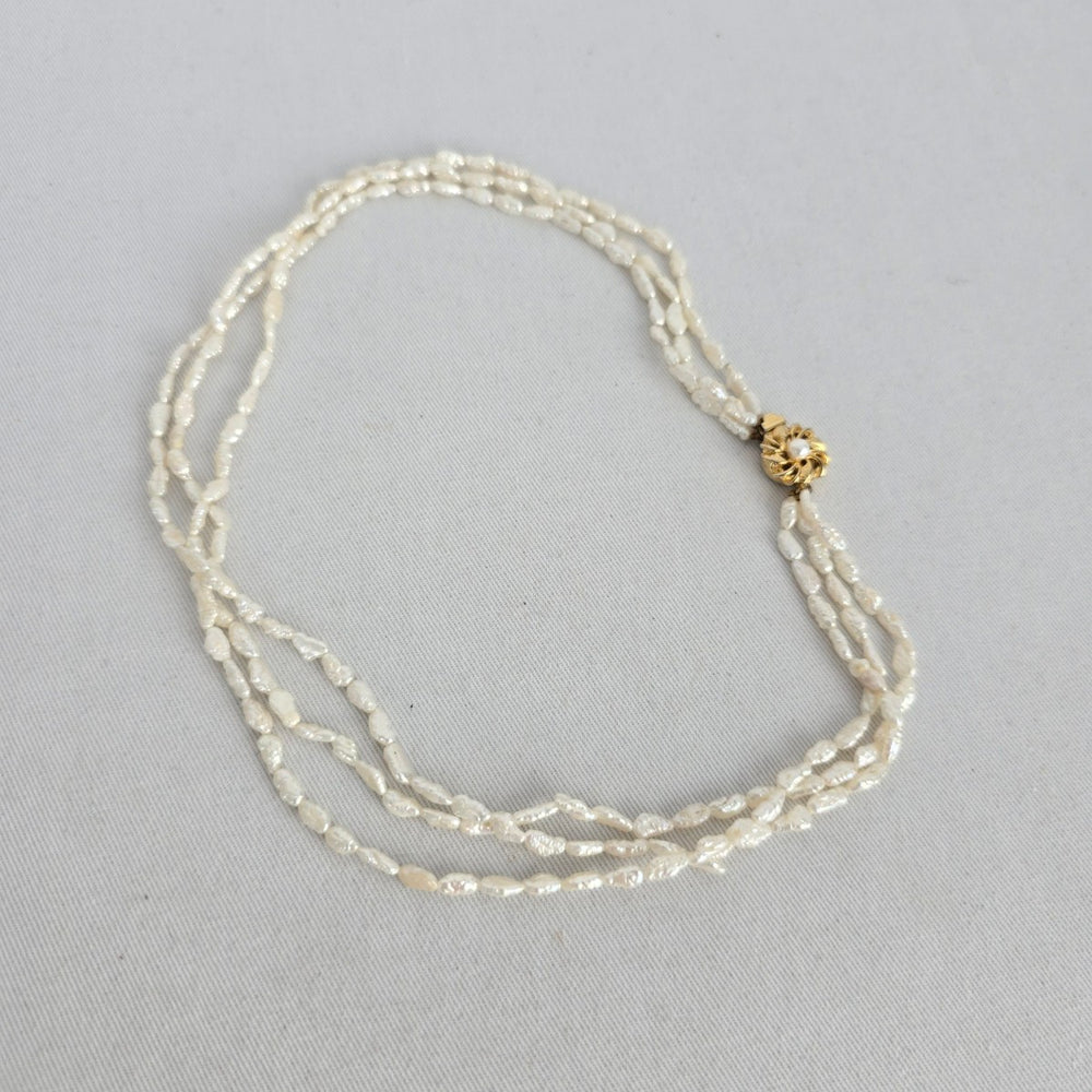 Vintage Triple Strand White Baroque Pearl Necklace – Gold-Tone Floral Clasp