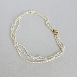 Vintage Triple Strand White Baroque Pearl Necklace – Gold-Tone Floral Clasp