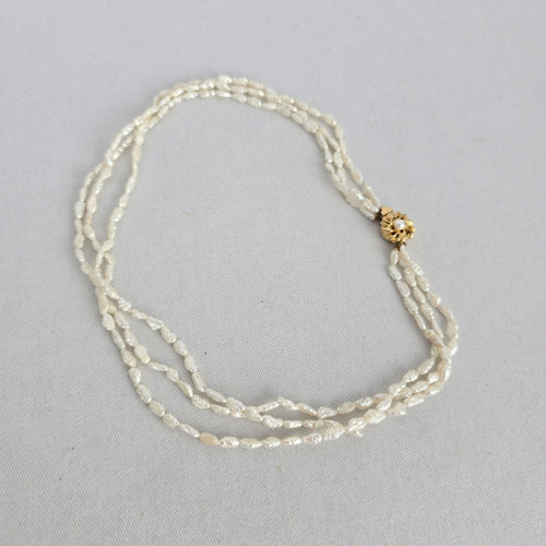 Vintage Triple Strand White Baroque Pearl Necklace – Gold-Tone Floral Clasp