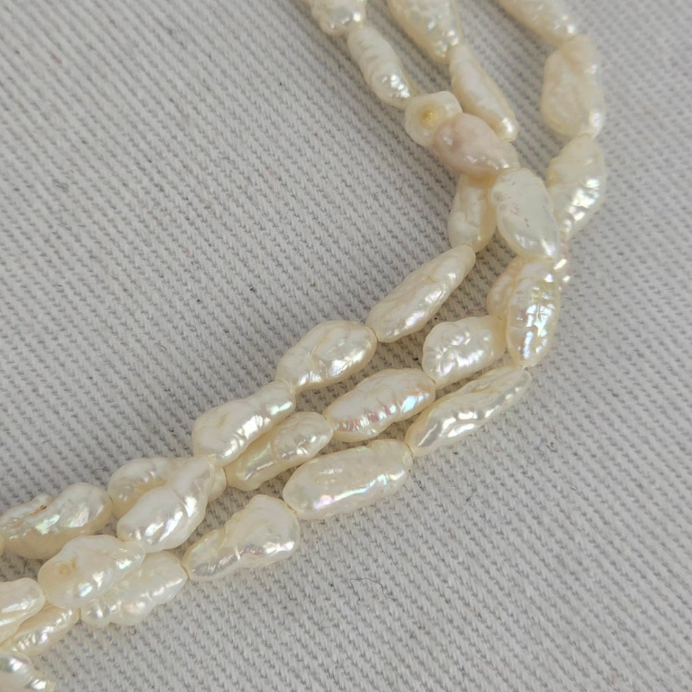 Vintage Triple Strand White Baroque Pearl Necklace – Gold-Tone Floral Clasp