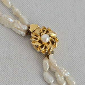 Vintage Triple Strand White Baroque Pearl Necklace – Gold-Tone Floral Clasp