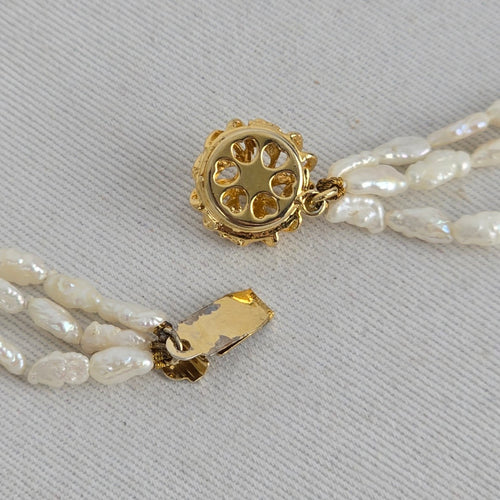 Vintage Triple Strand White Baroque Pearl Necklace – Gold-Tone Floral Clasp