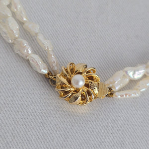 Vintage Triple Strand White Baroque Pearl Bracelet – Gold-Tone Floral Clasp