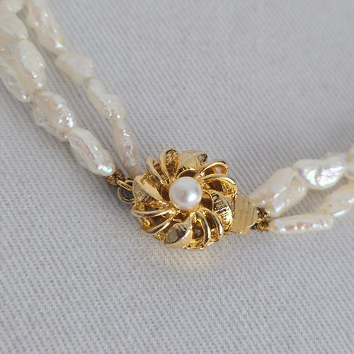 Vintage Triple Strand White Baroque Pearl Bracelet – Gold-Tone Floral Clasp