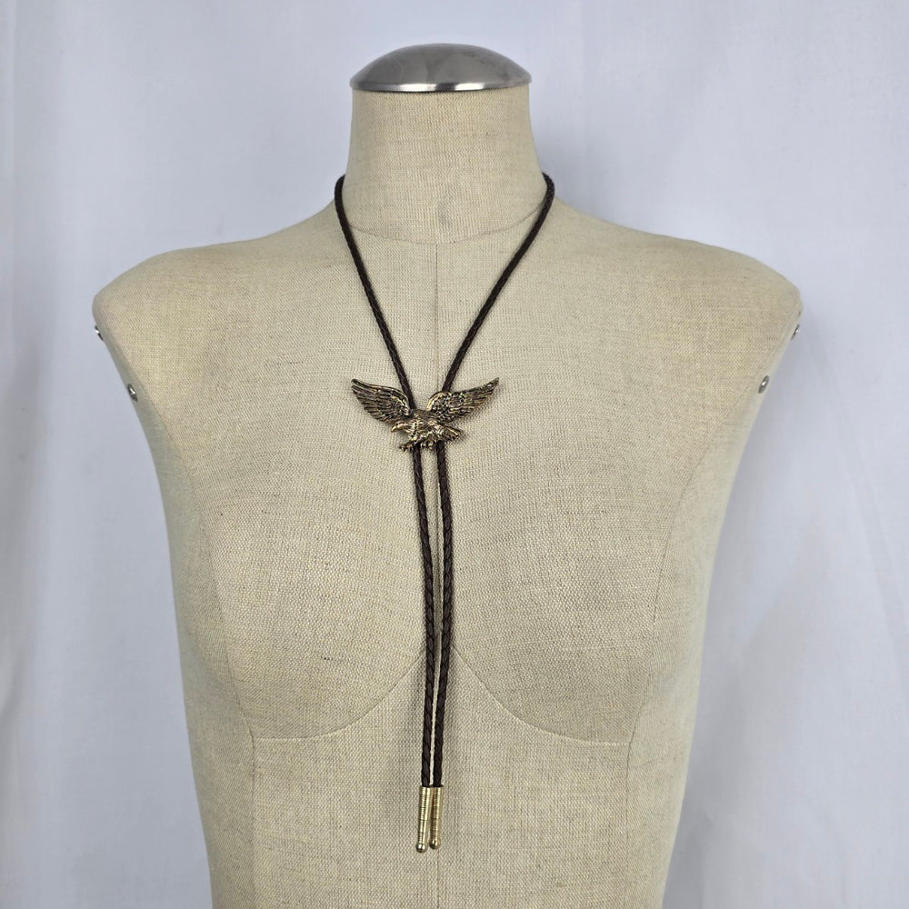 Vintage Eagle Western Bolo Tie – Brown Braided Cord & Antique Gold-Tone