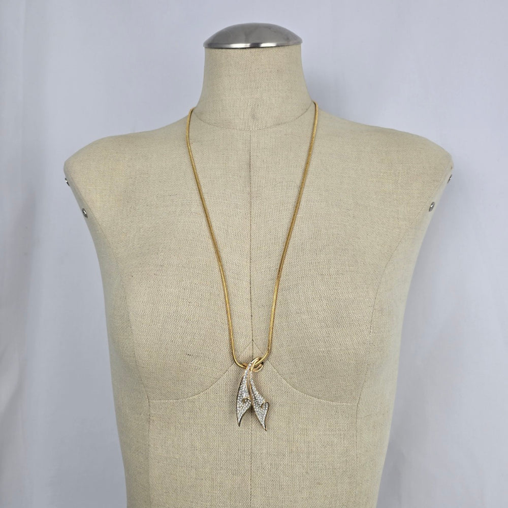 Gold-Tone Abstract Double Pendant Necklace with Pavé-Style Rhinestone Accents