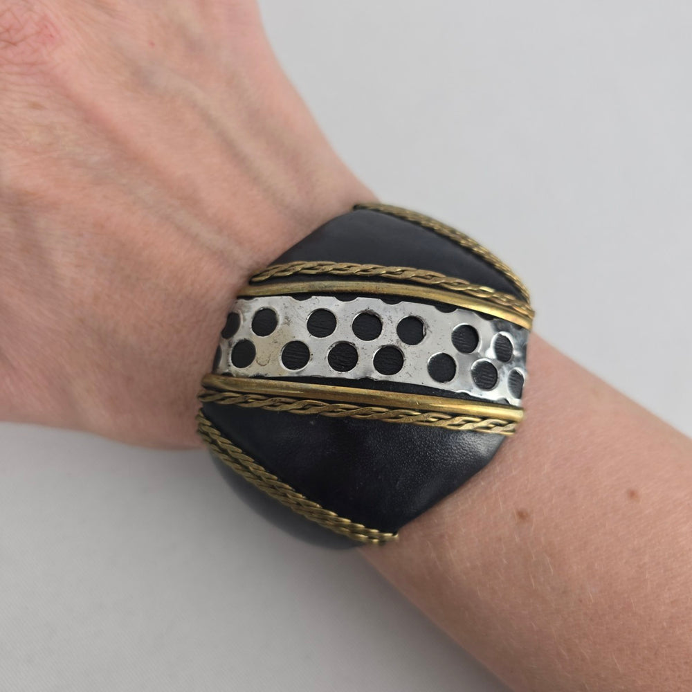 Black Leather Cuff Bracelet with Mixed-Metal Braided & Cutout Detail
