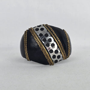 Black Leather Cuff Bracelet with Mixed-Metal Braided & Cutout Detail