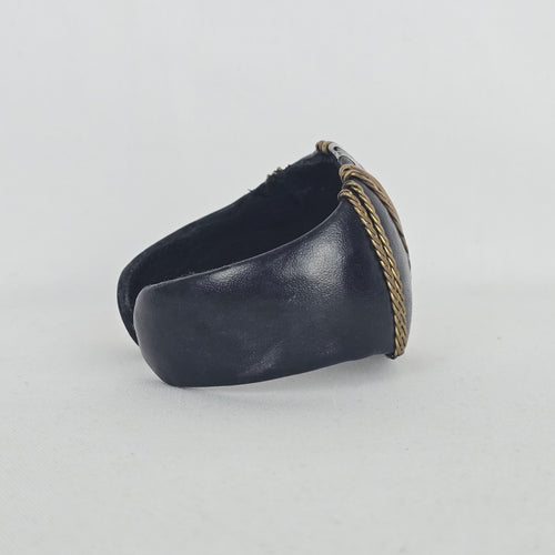 Black Leather Cuff Bracelet with Mixed-Metal Braided & Cutout Detail