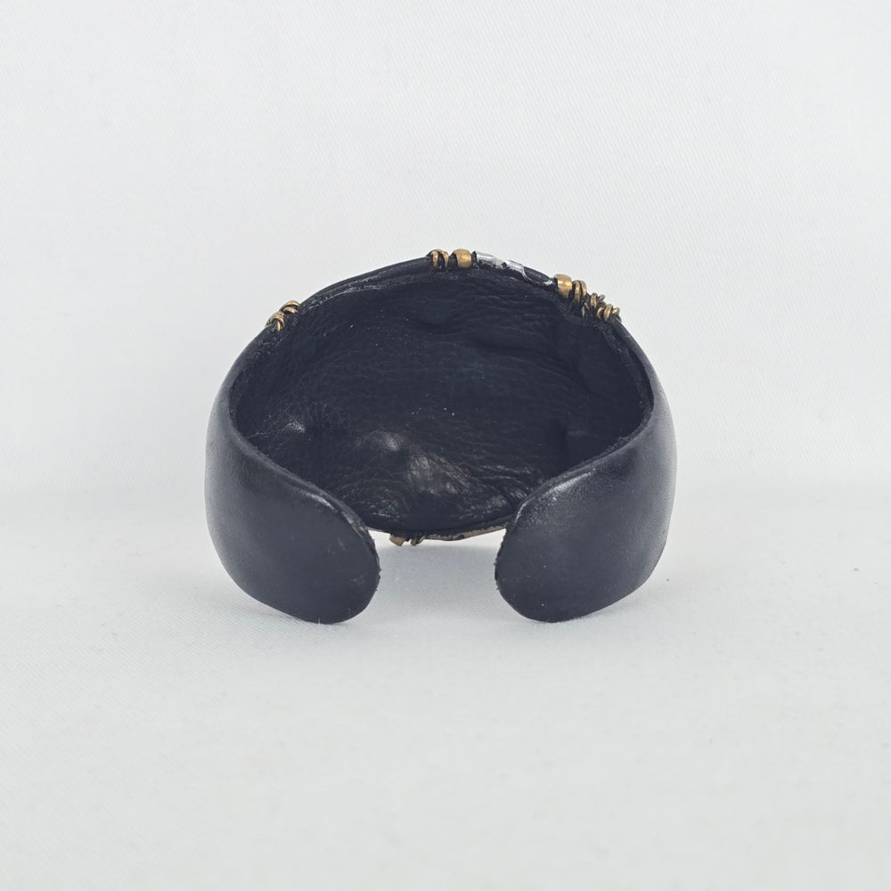 Black Leather Cuff Bracelet with Mixed-Metal Braided & Cutout Detail