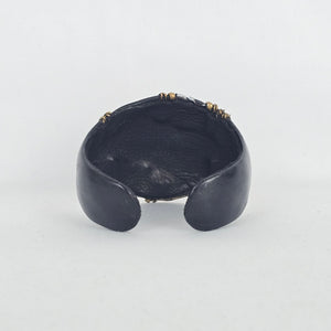 Black Leather Cuff Bracelet with Mixed-Metal Braided & Cutout Detail