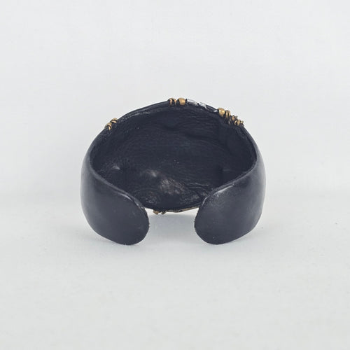 Black Leather Cuff Bracelet with Mixed-Metal Braided & Cutout Detail