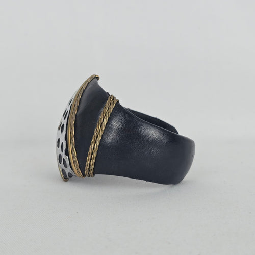 Black Leather Cuff Bracelet with Mixed-Metal Braided & Cutout Detail