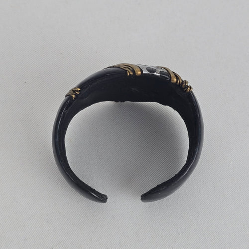 Black Leather Cuff Bracelet with Mixed-Metal Braided & Cutout Detail