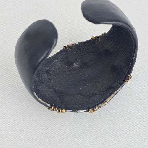 Black Leather Cuff Bracelet with Mixed-Metal Braided & Cutout Detail