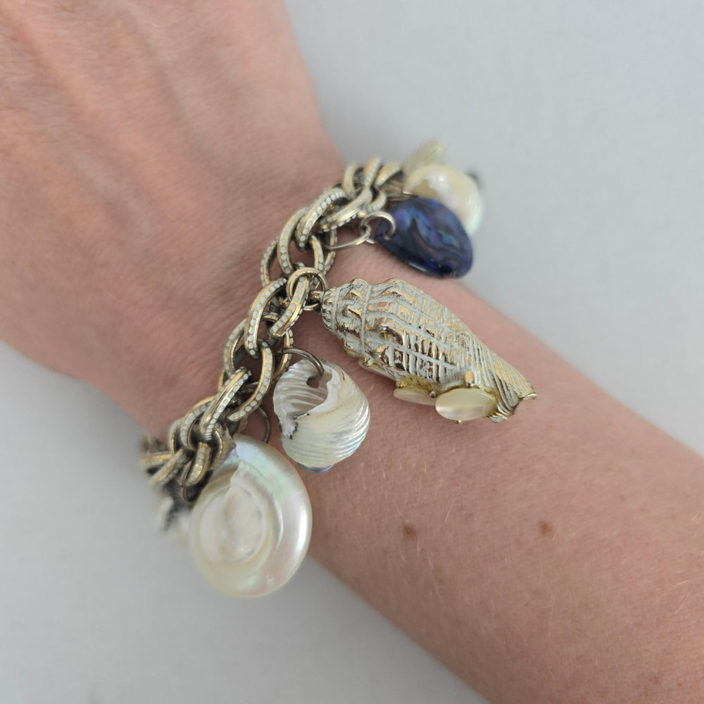 Vintage Silver-Tone Seashell & Mother-of-Pearl Nautical Charm Bracelet