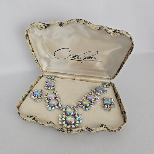 Création Pierre Iridescent Rhinestone Statement Necklace & Clip-On Earring Set