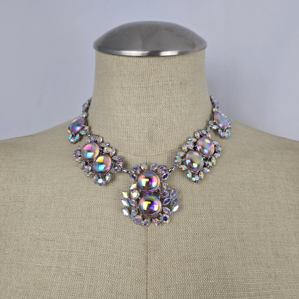Création Pierre Iridescent Rhinestone Statement Necklace & Clip-On Earring Set