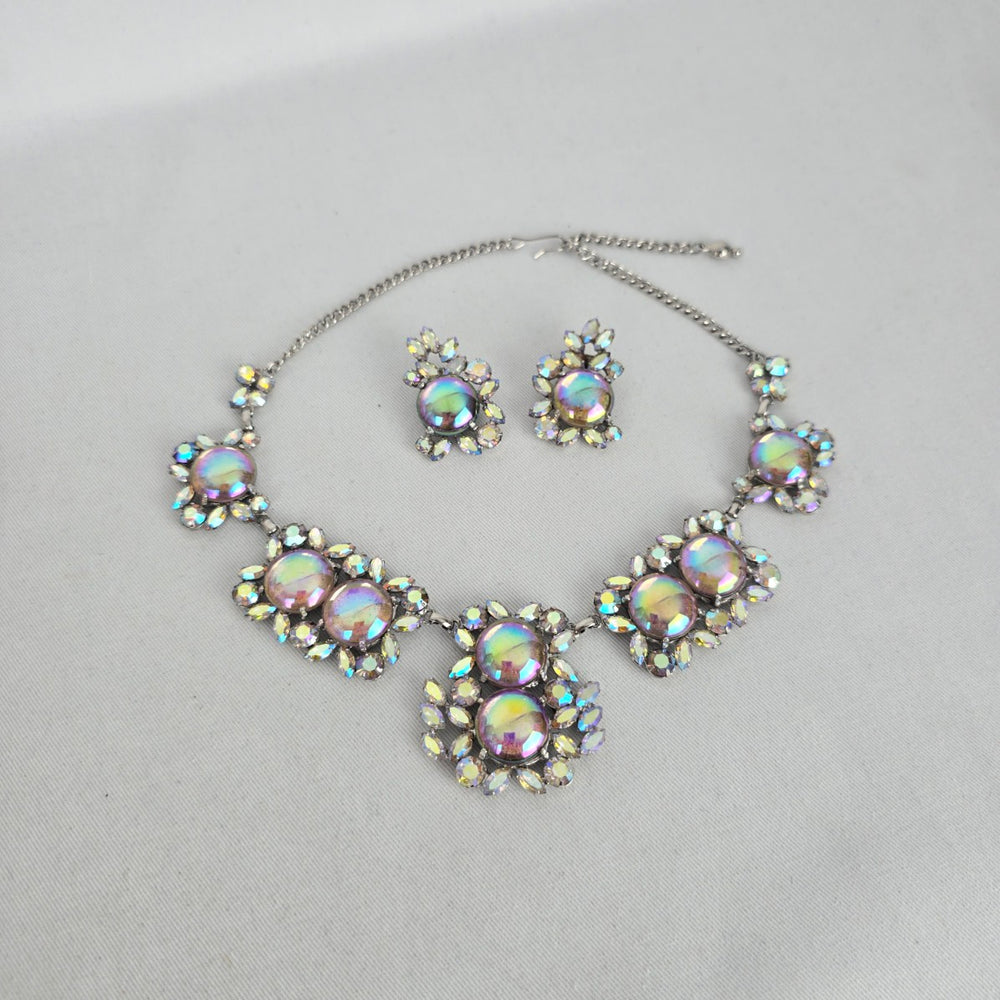 Création Pierre Iridescent Rhinestone Statement Necklace & Clip-On Earring Set