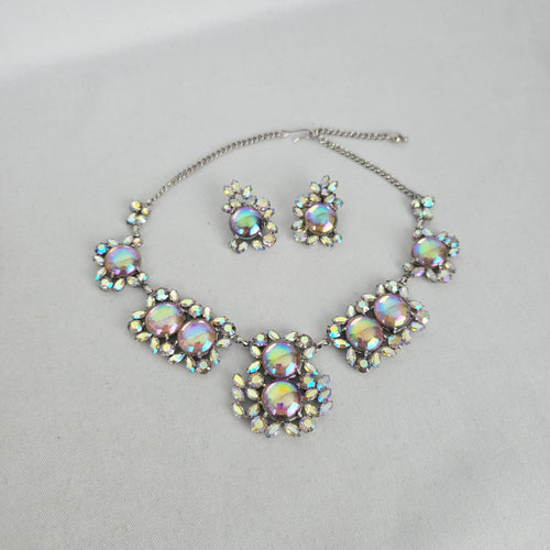 Création Pierre Iridescent Rhinestone Statement Necklace & Clip-On Earring Set