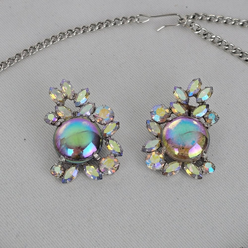 Création Pierre Iridescent Rhinestone Statement Necklace & Clip-On Earring Set