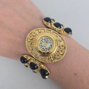 Gold-Tone Black Cabochon Statement Bracelet Watch – Quartz