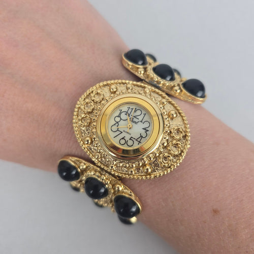 Gold-Tone Black Cabochon Statement Bracelet Watch – Quartz