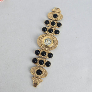 Gold-Tone Black Cabochon Statement Bracelet Watch – Quartz