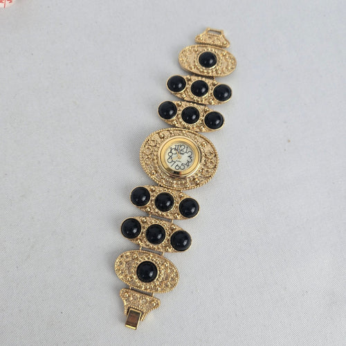 Gold-Tone Black Cabochon Statement Bracelet Watch – Quartz