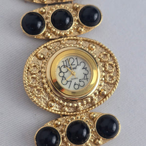 Gold-Tone Black Cabochon Statement Bracelet Watch – Quartz
