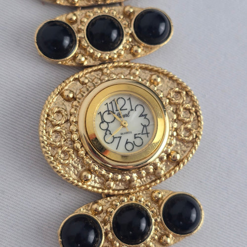 Gold-Tone Black Cabochon Statement Bracelet Watch – Quartz