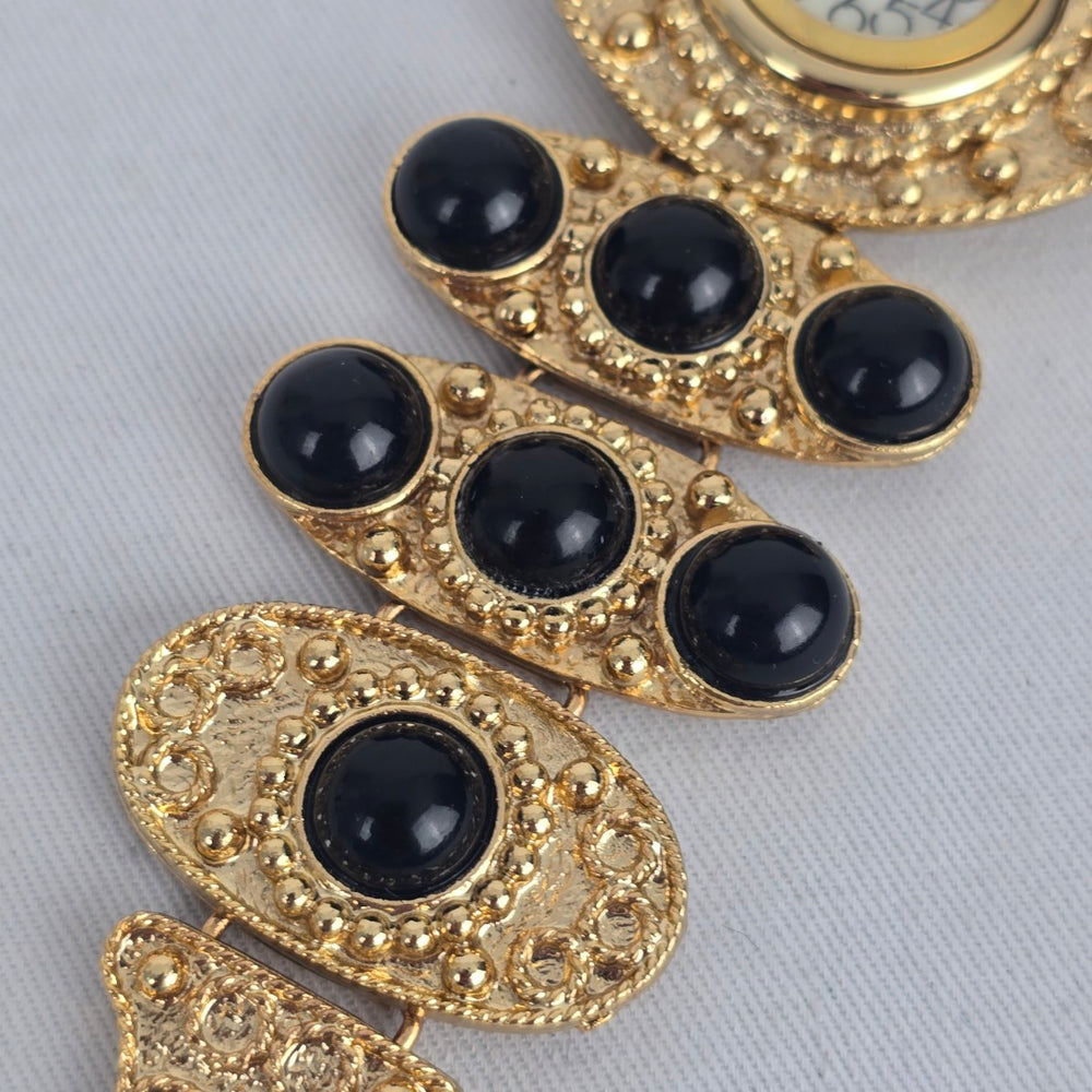 Gold-Tone Black Cabochon Statement Bracelet Watch – Quartz