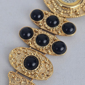 Gold-Tone Black Cabochon Statement Bracelet Watch – Quartz