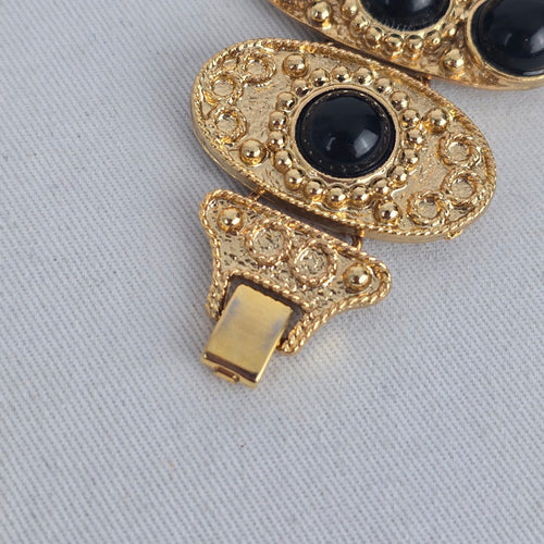 Gold-Tone Black Cabochon Statement Bracelet Watch – Quartz