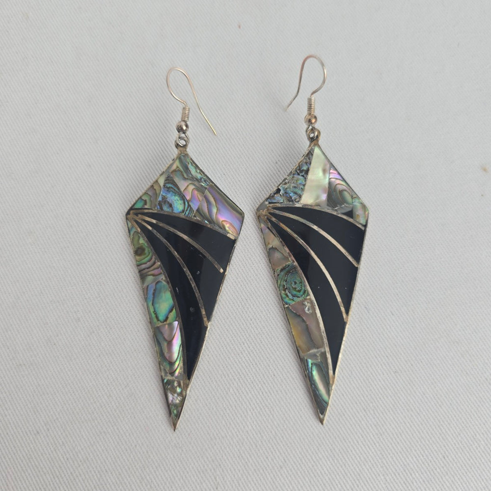 Abalone Shell & Black Inlay Geometric Dangle Earrings – Silver-Tone