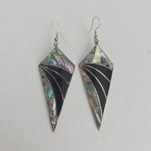 Abalone Shell & Black Inlay Geometric Dangle Earrings – Silver-Tone
