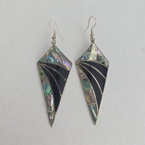 Abalone Shell & Black Inlay Geometric Dangle Earrings – Silver-Tone