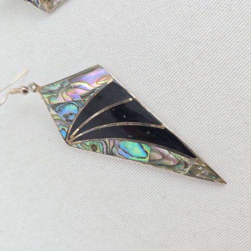 Abalone Shell & Black Inlay Geometric Dangle Earrings – Silver-Tone