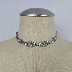 Vintage 1950s Sterling Silver Openwork Lace Scroll Link Choker Collar Necklace